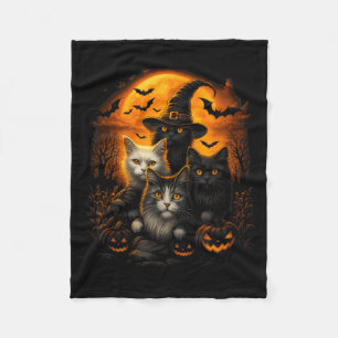 Halloween Black And White Cats With Pumpkins Full Fleece Blanket