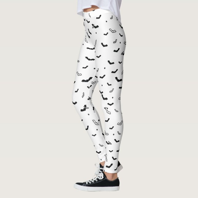 Halloween Black and White Flying Bats Pattern Leggings (Left)