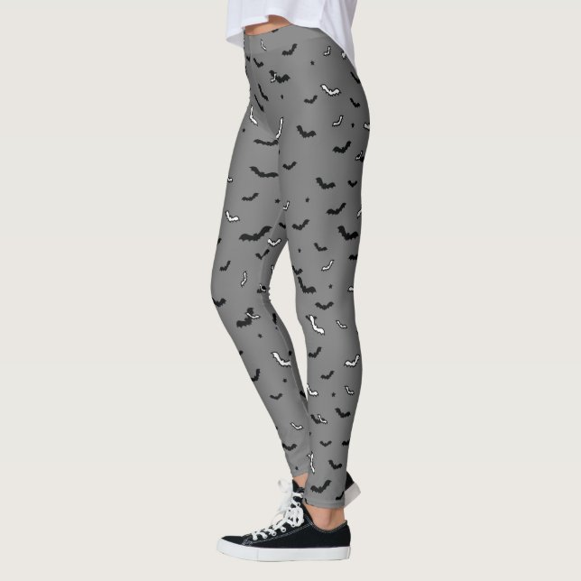 Halloween Black and White Flying Bats Pattern Leggings (Left)