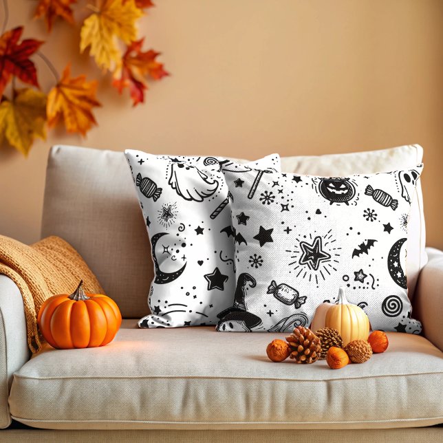 Halloween Black And White Line art Throw Pillow (Creator Uploaded)