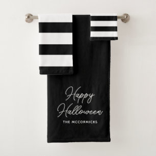 Halloween Black And White Script Text Personalized Bath Towel Set