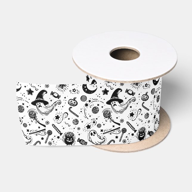 Halloween Black And White Spooky Birthday Party Satin Ribbon (Spool)