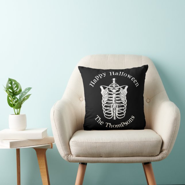 Halloween Black and White Spooky Skeleton Throw Pillow (Chair)