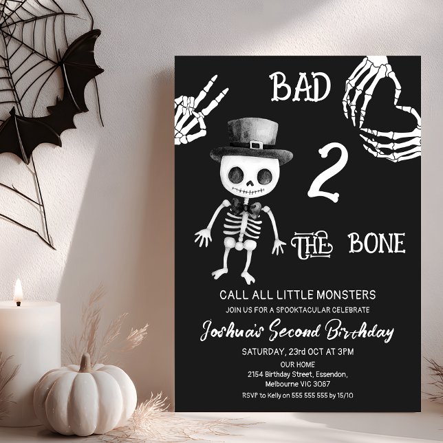Halloween Black Bad Two The Bones 2nd Birthday Invitation (Bad Two the Bone Birthday Invitation Template, Black White bad To The Bone 2nd Birthday Invitation)