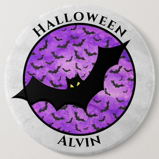 Halloween Black Bat Random Pattern Purple BG 6 Inch Round Button (Front)