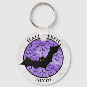 Halloween Black Bat Random Pattern Purple BG Keychain