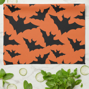 Halloween black bats orange cool spooky pattern kitchen towel