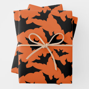 Halloween black bats orange cool spooky pattern wrapping paper sheet
