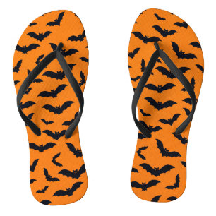 Halloween Black Bats Orange Seamless Pattern Flip Flops