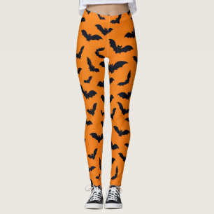 Halloween Black Bats Orange Seamless Pattern Leggings
