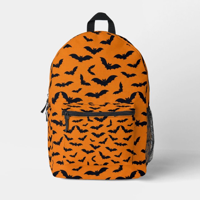 Halloween Black Bats Orange Seamless Pattern Printed Backpack (Front)