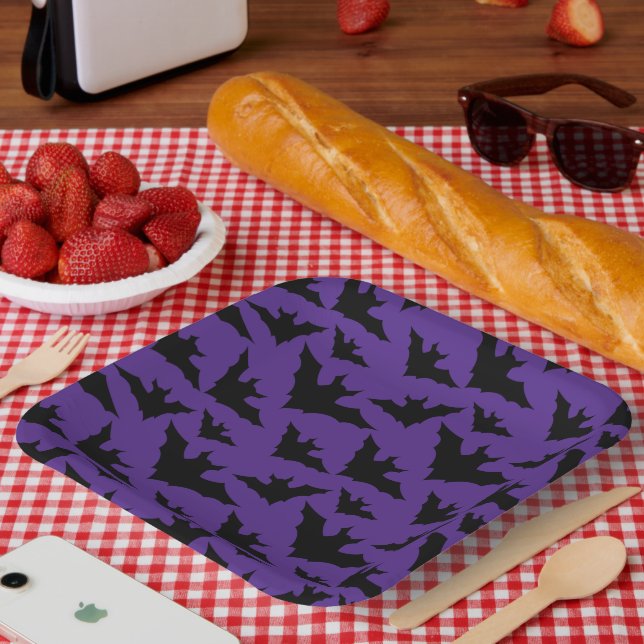 Halloween black bats purple cool spooky pattern paper plate (Picnic)