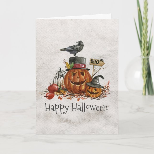 Halloween Black Bird and Pumpkins Greeting Card (Front)