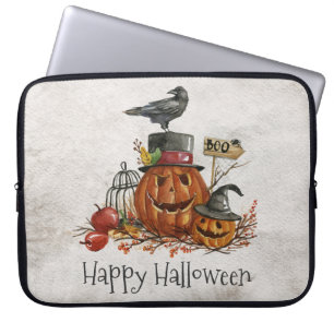 Halloween Black Bird and Pumpkins Laptop Sleeve