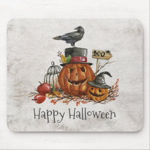 Halloween Black Bird and Pumpkins Mousepad