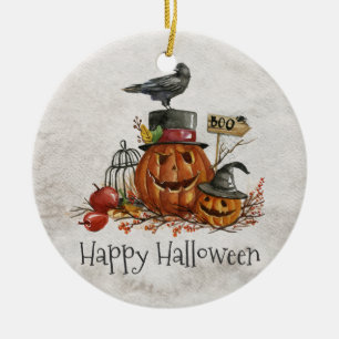 Halloween Black Bird and Pumpkins   Ornament