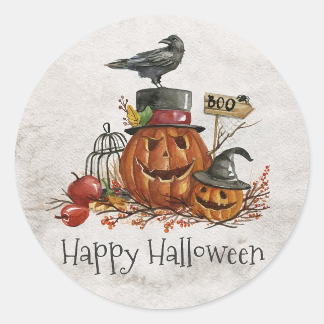 Halloween Black Bird and Pumpkins | Sticker (Front)