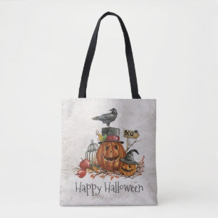 Halloween Black Bird and Pumpkins Tote Bag