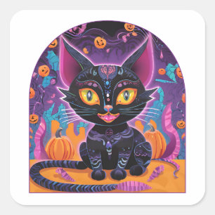 Halloween Black Cat Alebrije Square Sticker