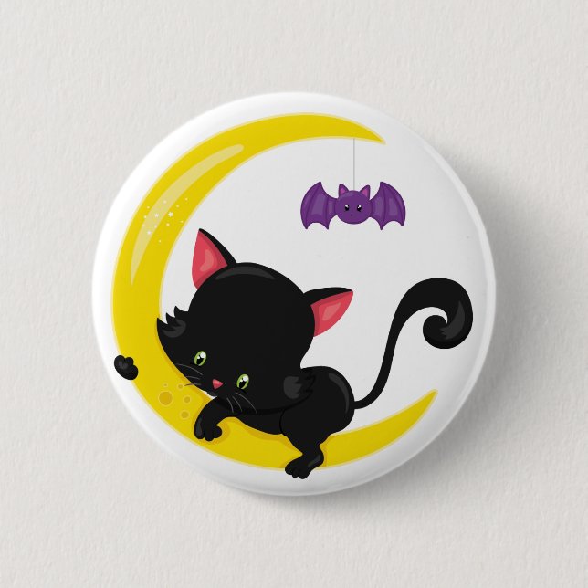 Halloween Black cat and Bat on Crescent Moon 2 Inch Round Button (Front)