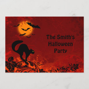 Halloween Black Cat and Bats Party Invitation