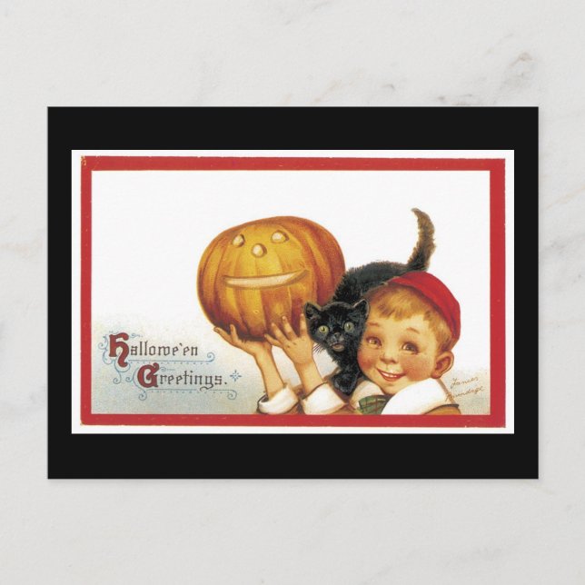 Halloween Black Cat and Boy Postcard (Front)