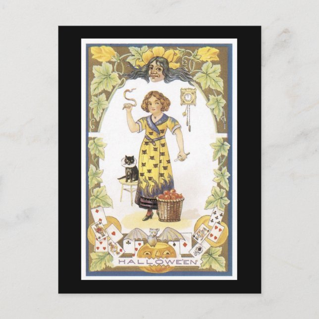 Halloween Black Cat and Girl Postcard (Front)