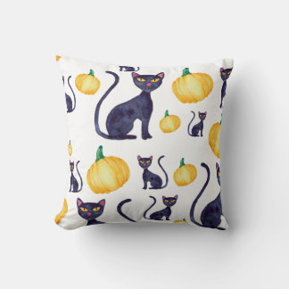 Halloween Black Cat And Orange Pumpkins Design Throw Pillow