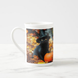 Halloween Black Cat and Pumpkin Bone China Mug