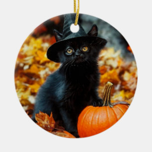Halloween Black Cat and Pumpkin Ceramic Ornament