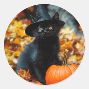 Halloween Black Cat and Pumpkin Classic Round Sticker