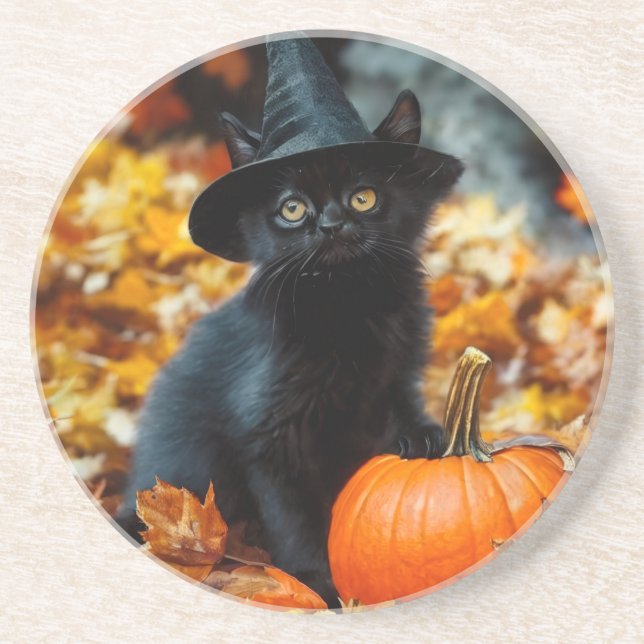 Halloween Black Cat and Pumpkin Coaster (Front)