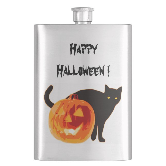 HALLOWEEN BLACK CAT AND PUMPKIN HIP FLASK (Front)