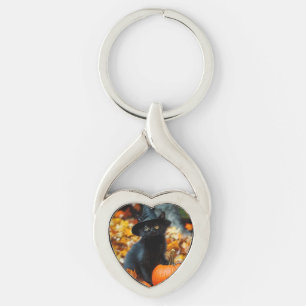 Halloween Black Cat and Pumpkin Keychain