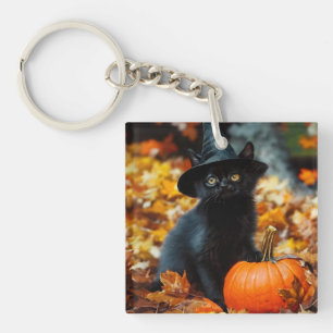 Halloween Black Cat and Pumpkin Keychain