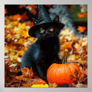 Halloween Black Cat and Pumpkin Poster