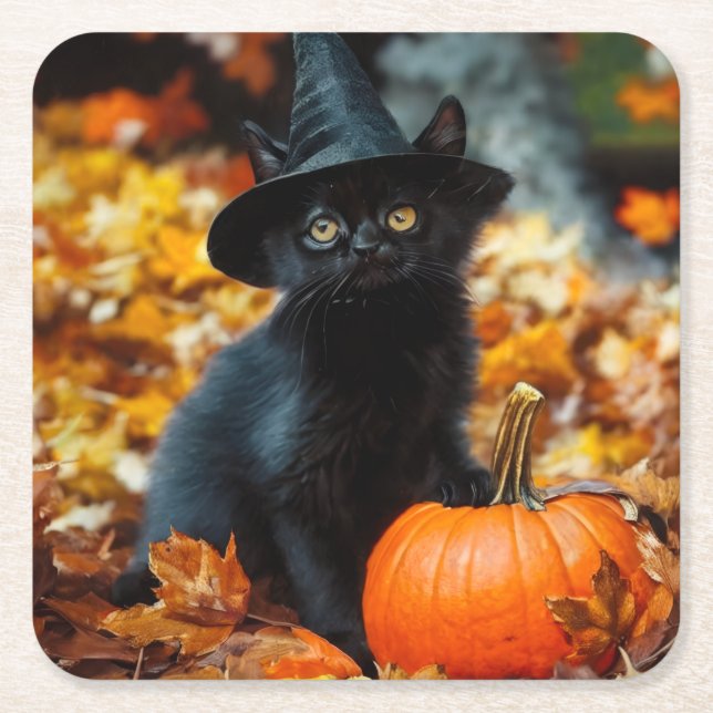 Halloween Black Cat and Pumpkin Square Paper Coaster (Front)