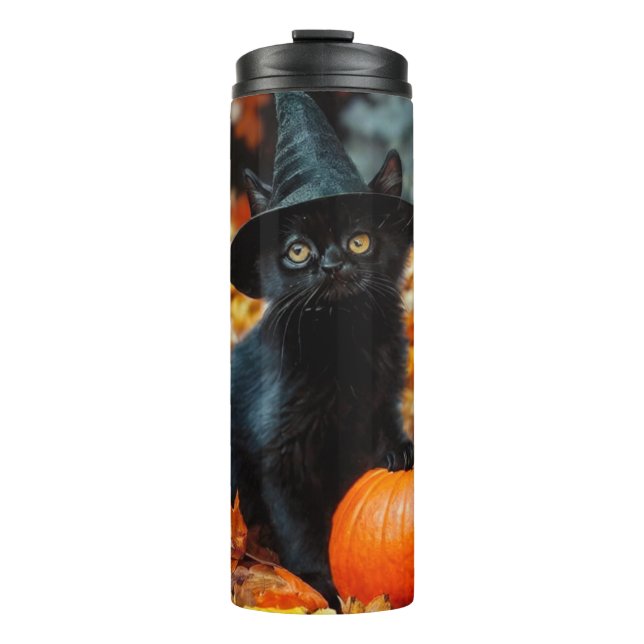 Halloween Black Cat and Pumpkin Thermal Tumbler (Front)