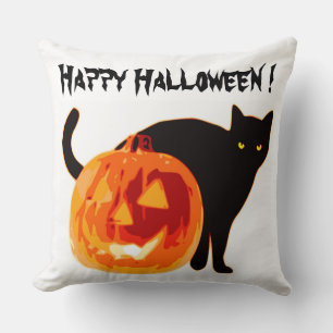 HALLOWEEN BLACK CAT AND PUMPKIN THROW PILLOW
