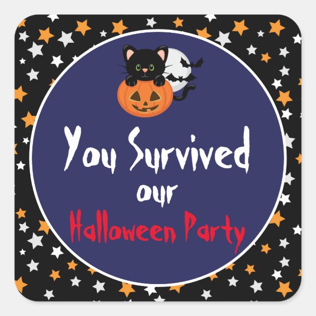Halloween Black Cat and Pumpkin with Stars Square Sticker (Front)