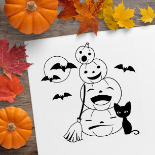 Halloween Black Cat and Pumpkins Colour Me Rubber Stamp