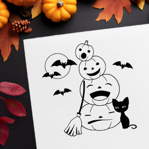 Halloween Black Cat and Pumpkins Colour Me Rubber Stamp