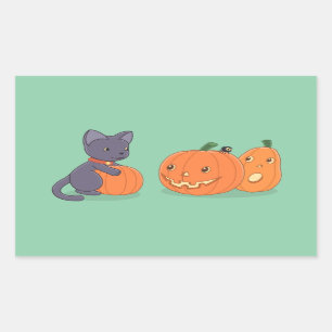 Halloween Black Cat and Pumpkins on Green Sticker