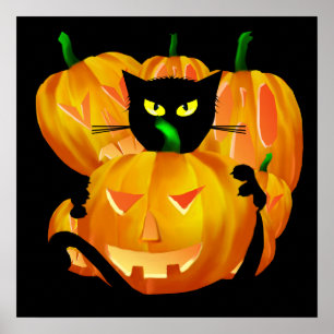 Halloween Black Cat and Pumpkins poster