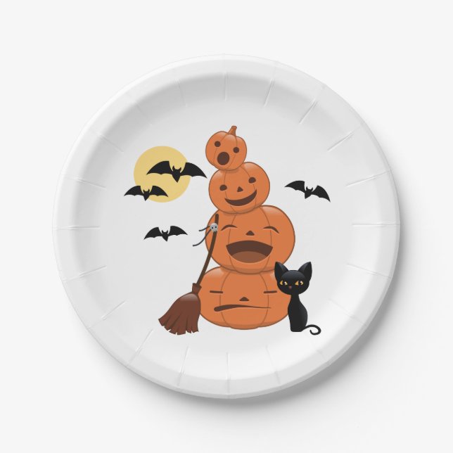 Halloween Black Cat and Pumpkins White Paper Plate (Front)