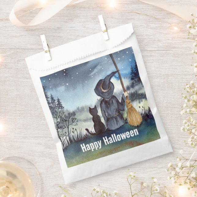 Halloween Black Cat and The Witch Starry Night Favour Bag (Clipped)