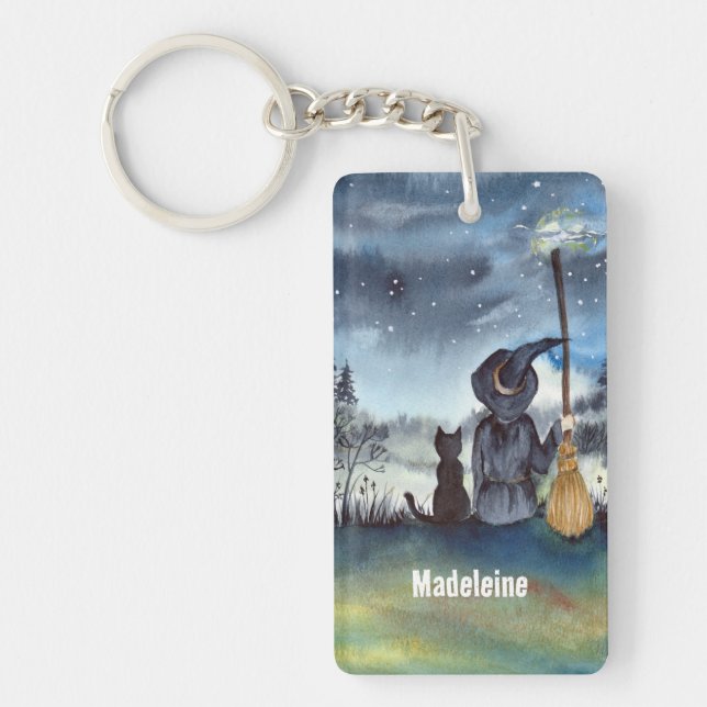 Halloween Black Cat and The Witch Starry Night Keychain (Front)