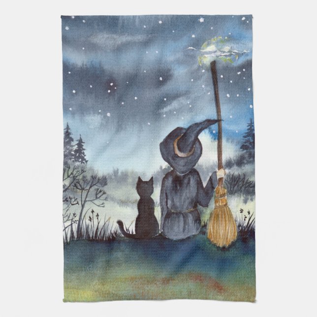 Halloween Black Cat and The Witch Starry Night Kitchen Towel (Vertical)