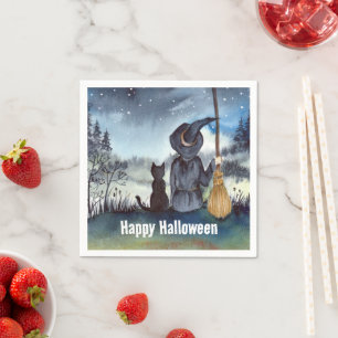 Halloween Black Cat and The Witch Starry Night Napkin