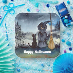 Halloween Black Cat and The Witch Starry Night Paper Plate